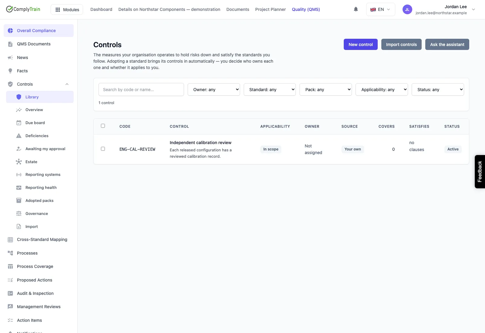 Control library containing an independent calibration review control, with ownership and scope columns.