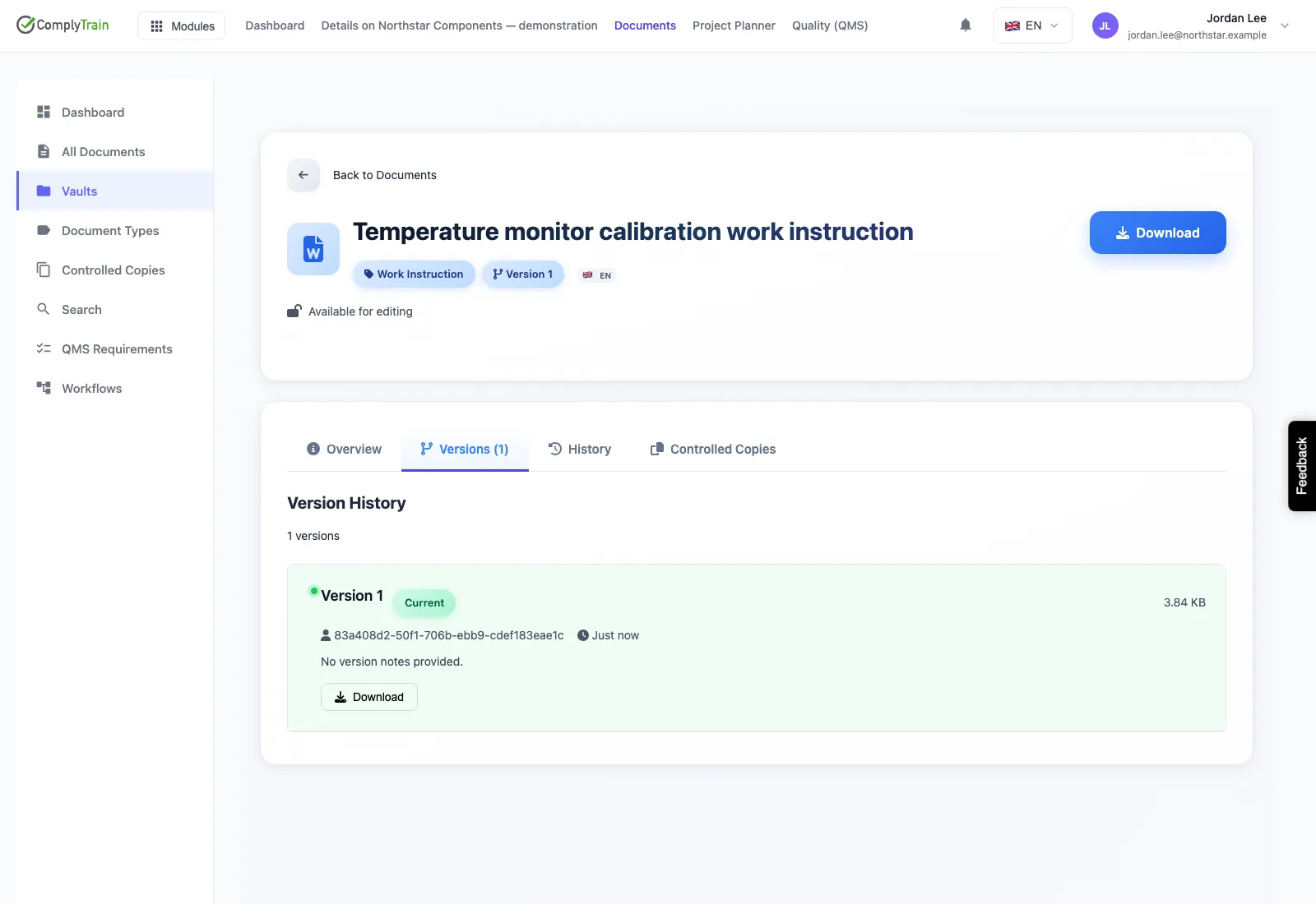 Version history for a calibration work instruction with its initial version and download action.