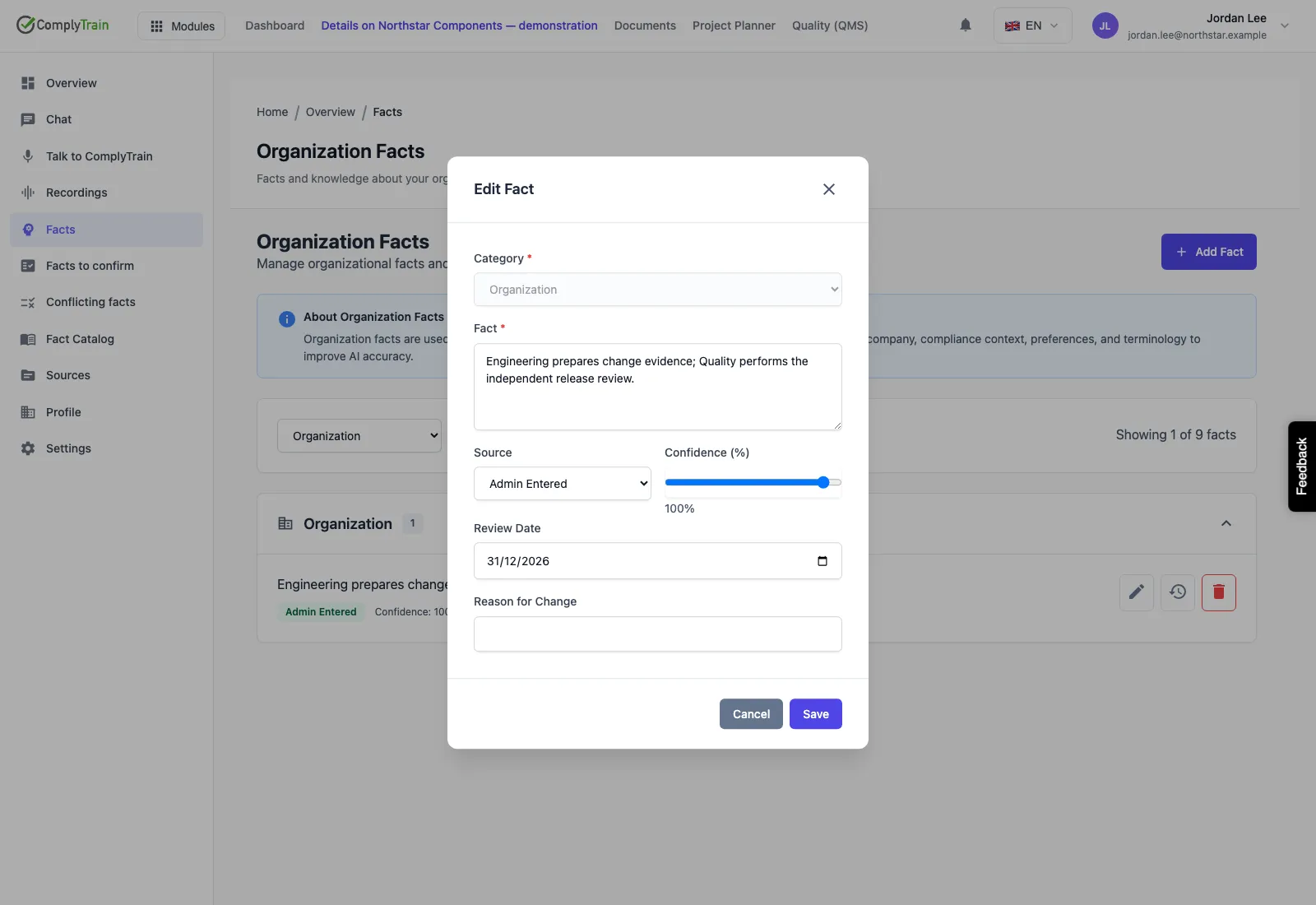 Fact editor showing category, statement, source, confidence and review date.