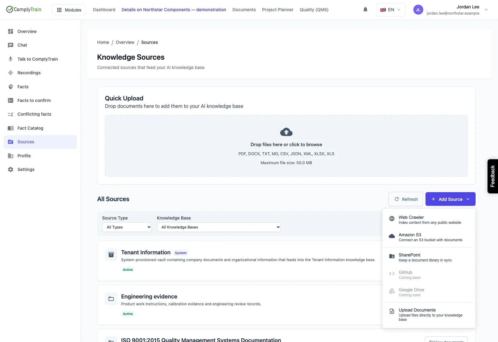 Knowledge Sources menu with web crawler, Amazon S3, SharePoint and document upload options.
