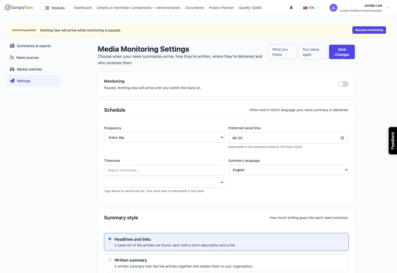 Media monitoring settings for summary timing, language and style, with monitoring paused.