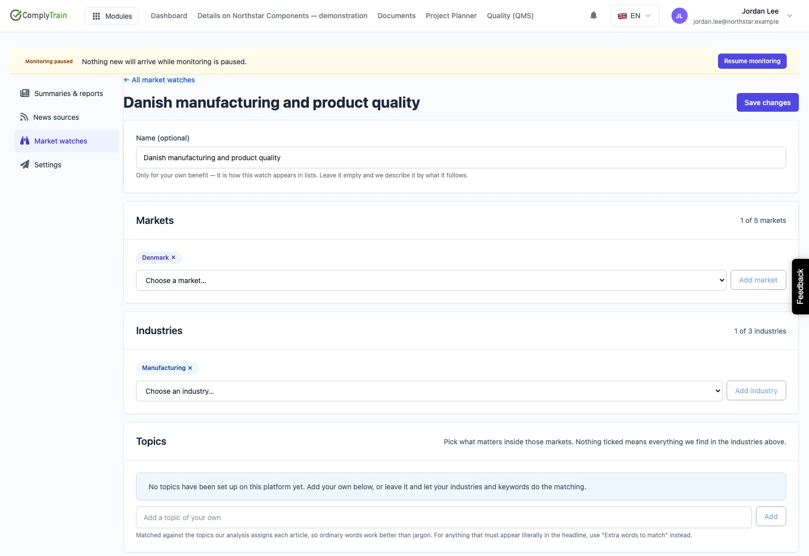 Paused Danish manufacturing watch with market and industry selections.