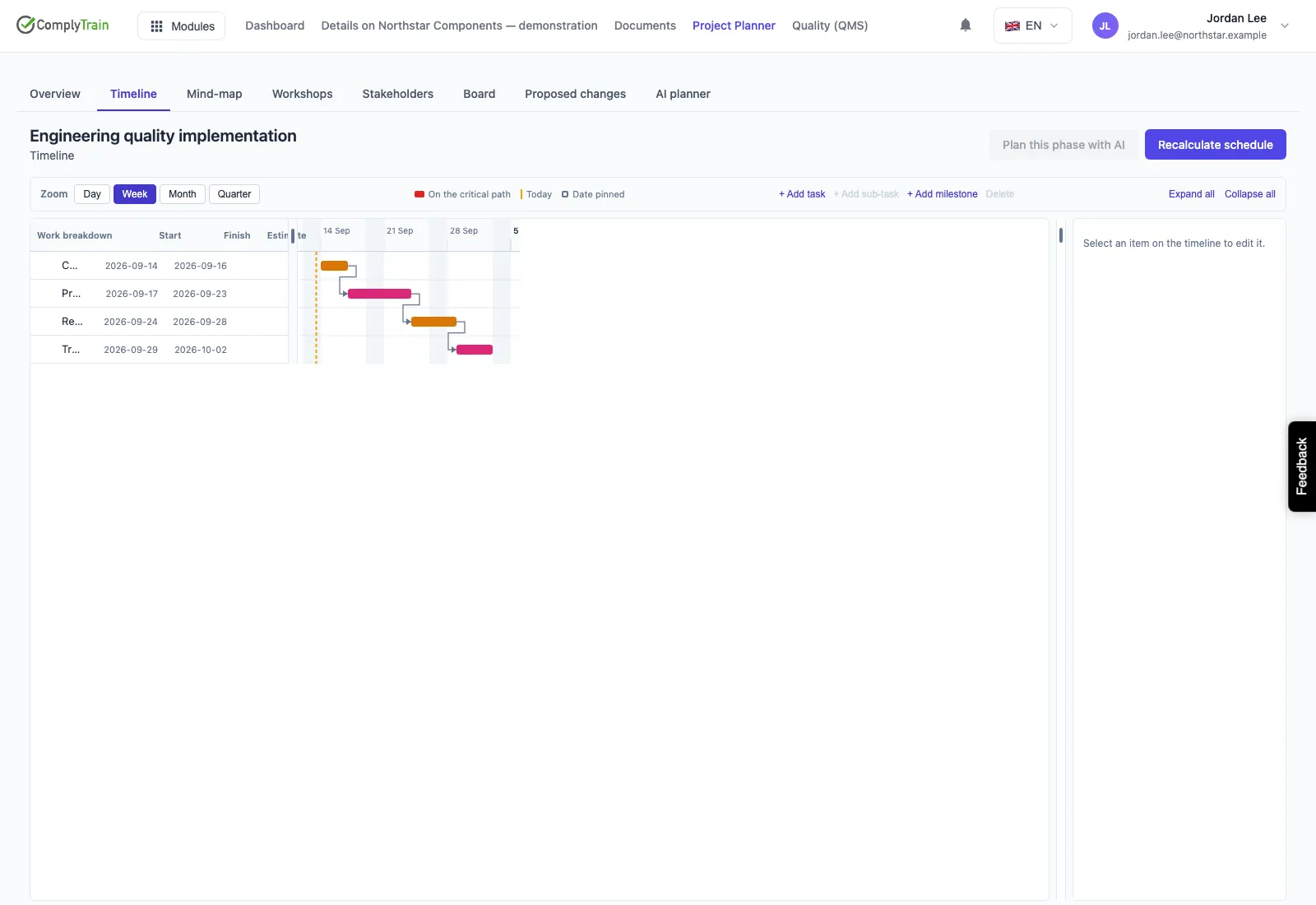 Project timeline with four sequential engineering quality tasks and dependency-linked dates.