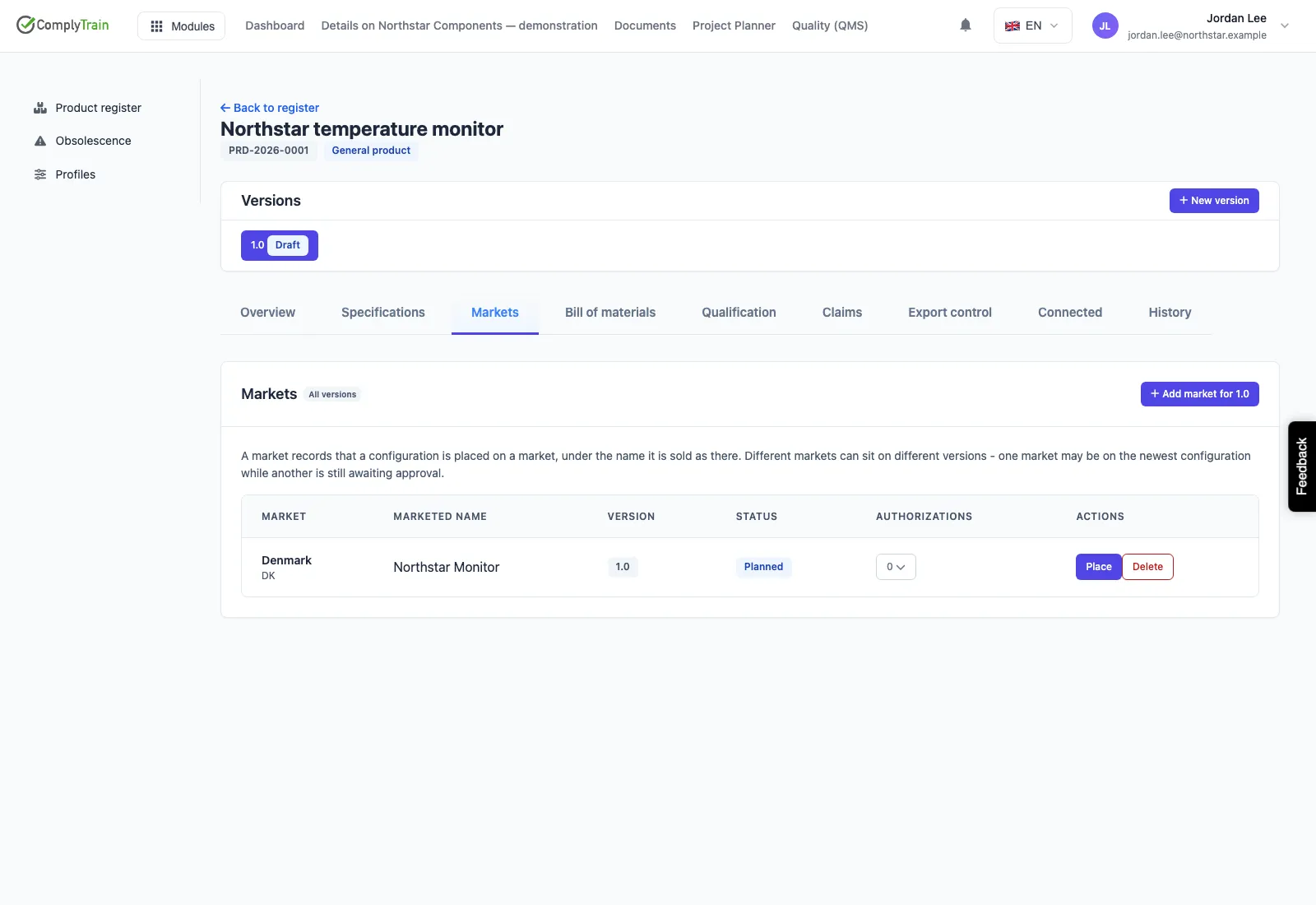 Denmark market entry linked to draft product version 1.0, with Planned status.