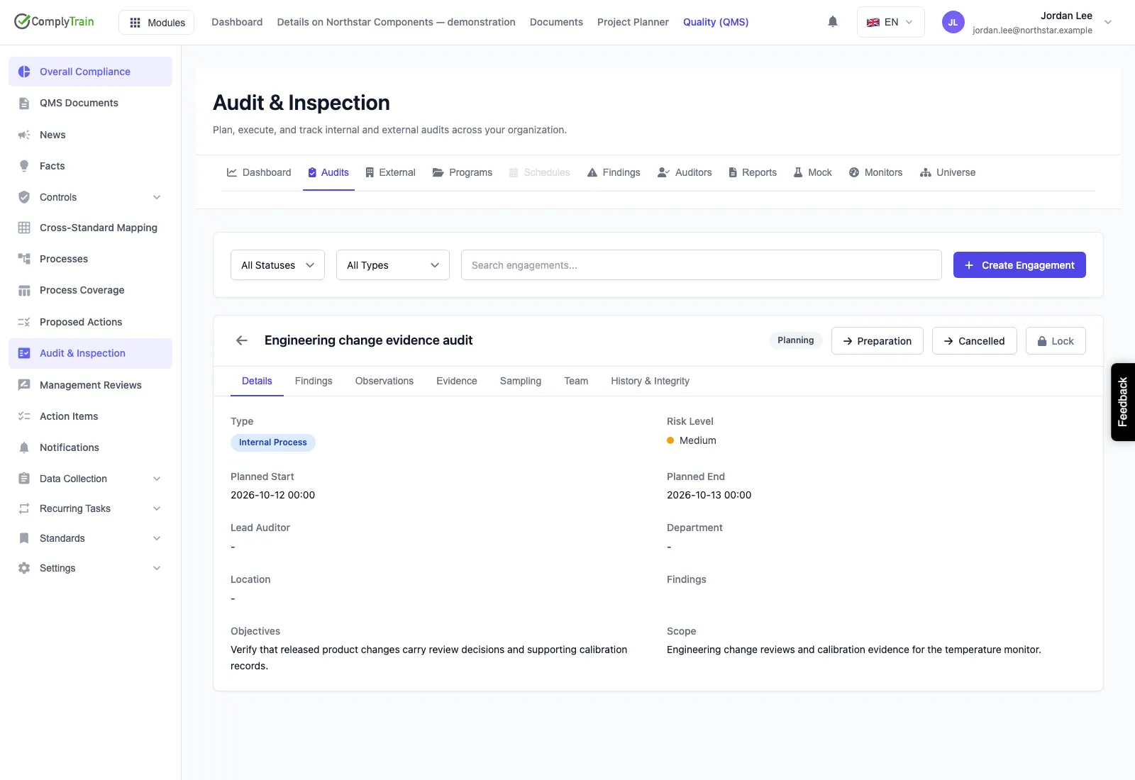 ComplyTrain audit workspace with a planned engineering change evidence audit.