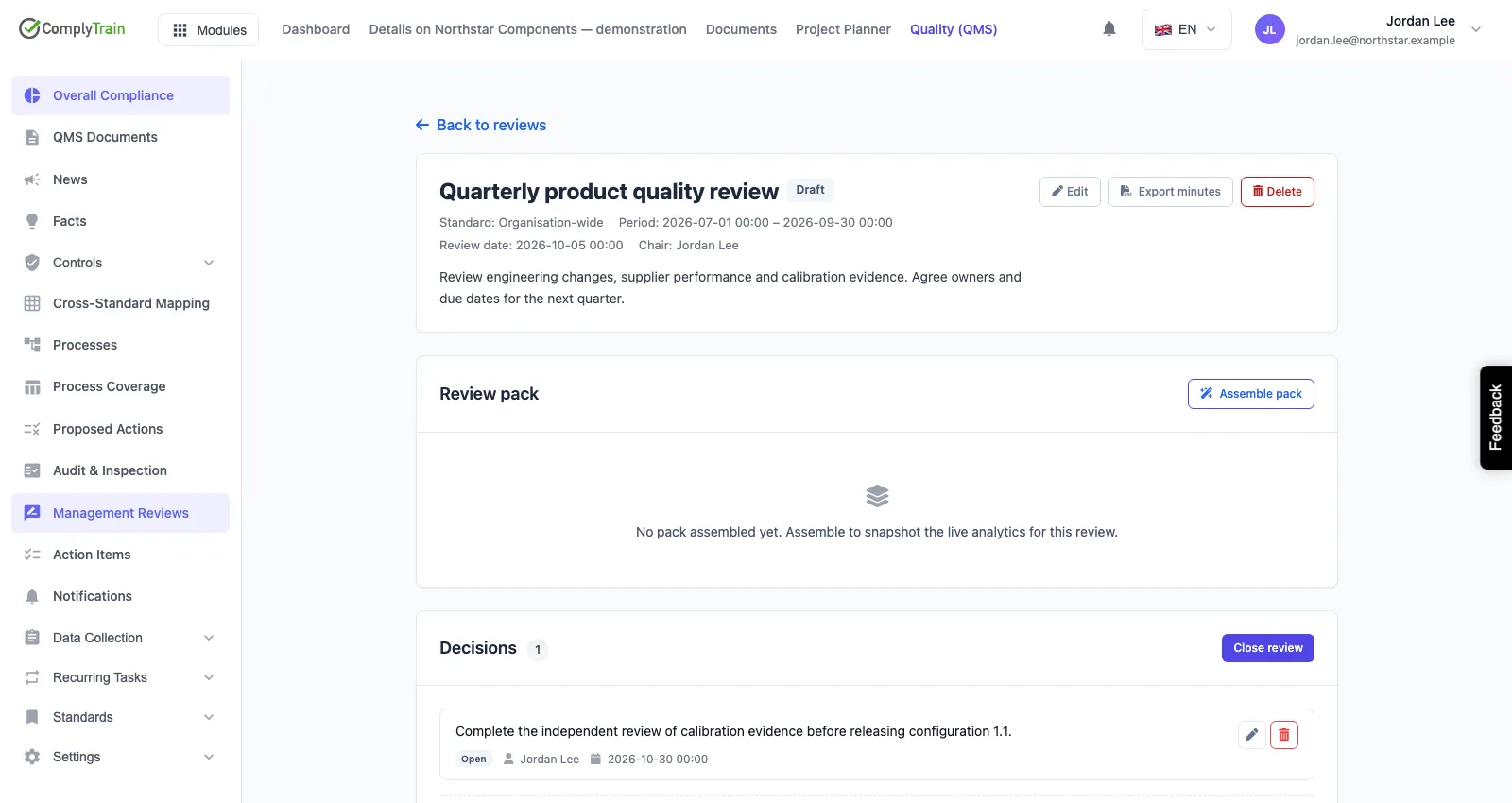 Draft quarterly product quality review with one owned decision and a due date.