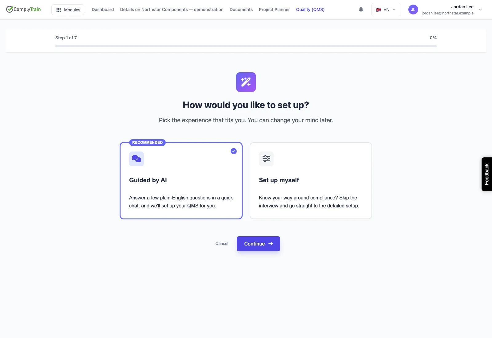 QMS setup wizard offering Guided by AI and Set up myself.