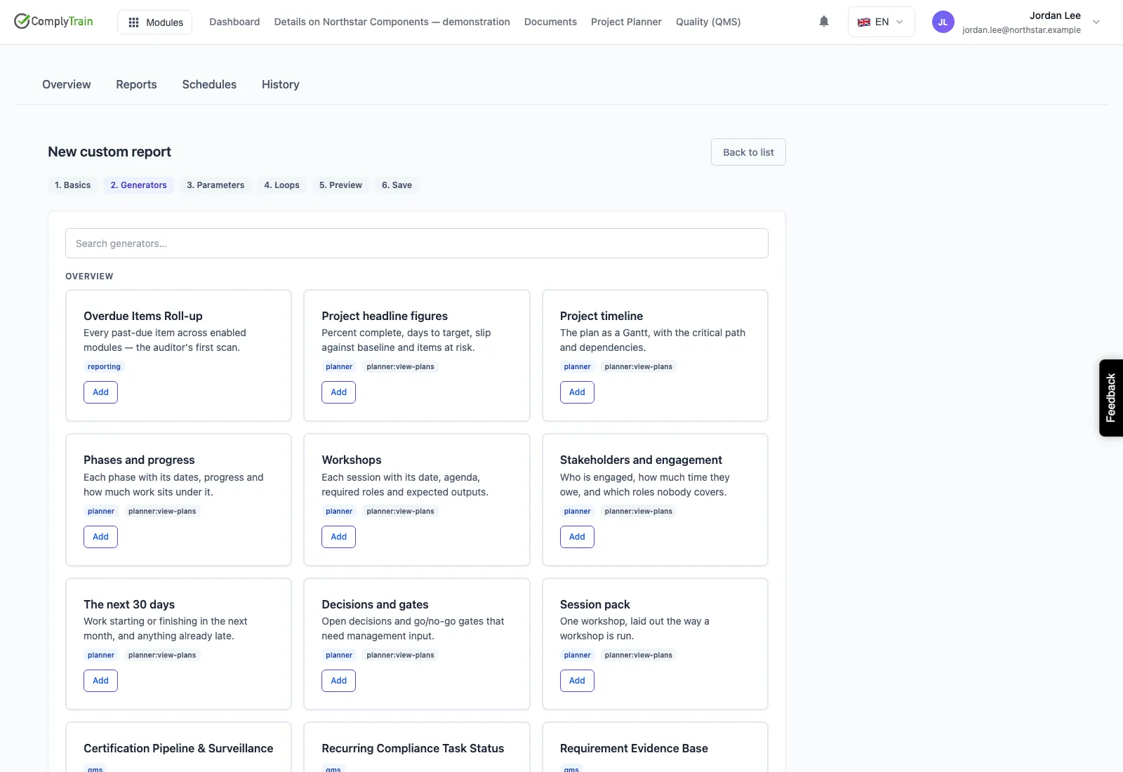 Custom report builder showing a catalog of available report generators.