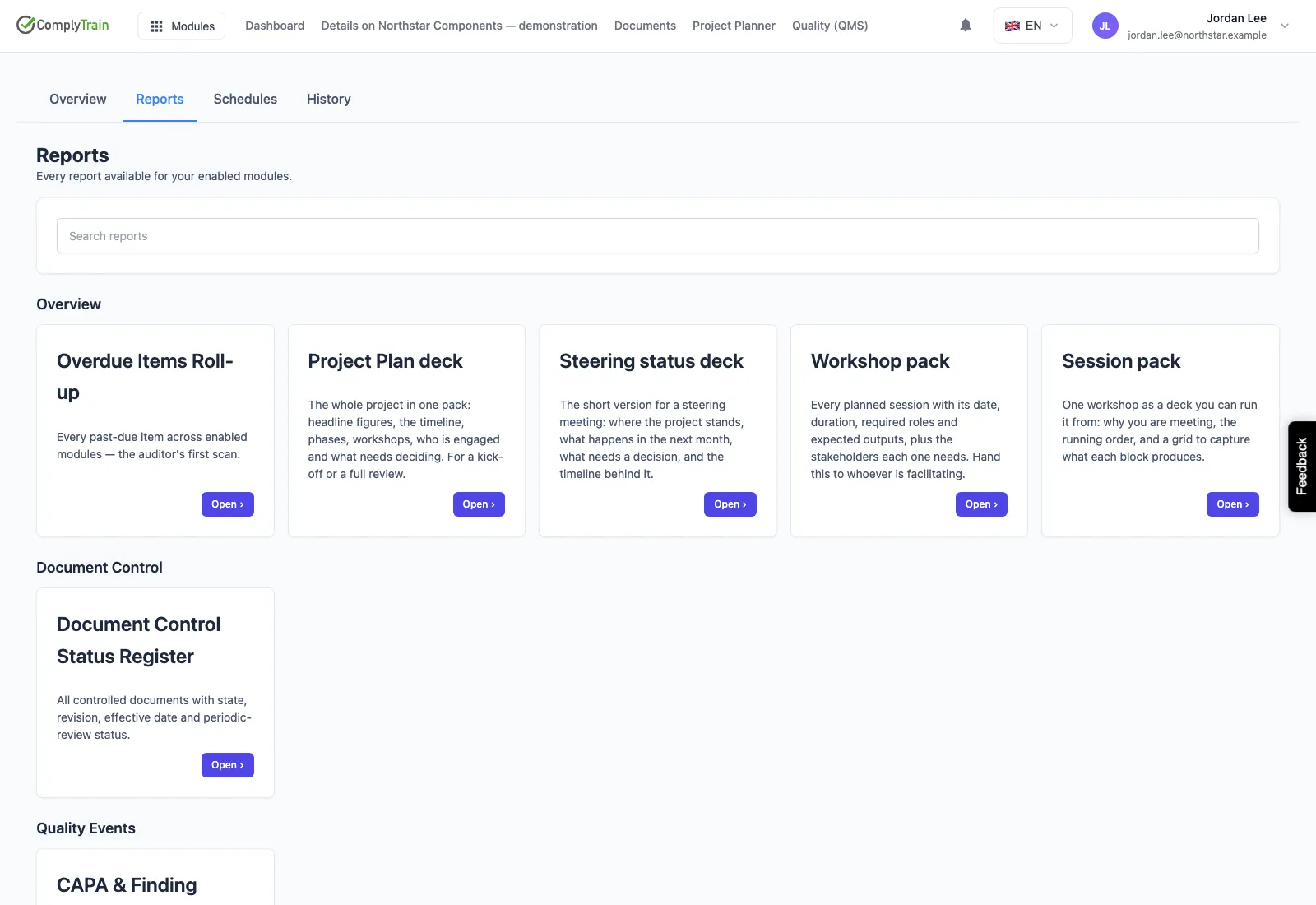 Report catalog with overdue work, project planning, document control and quality event reports.