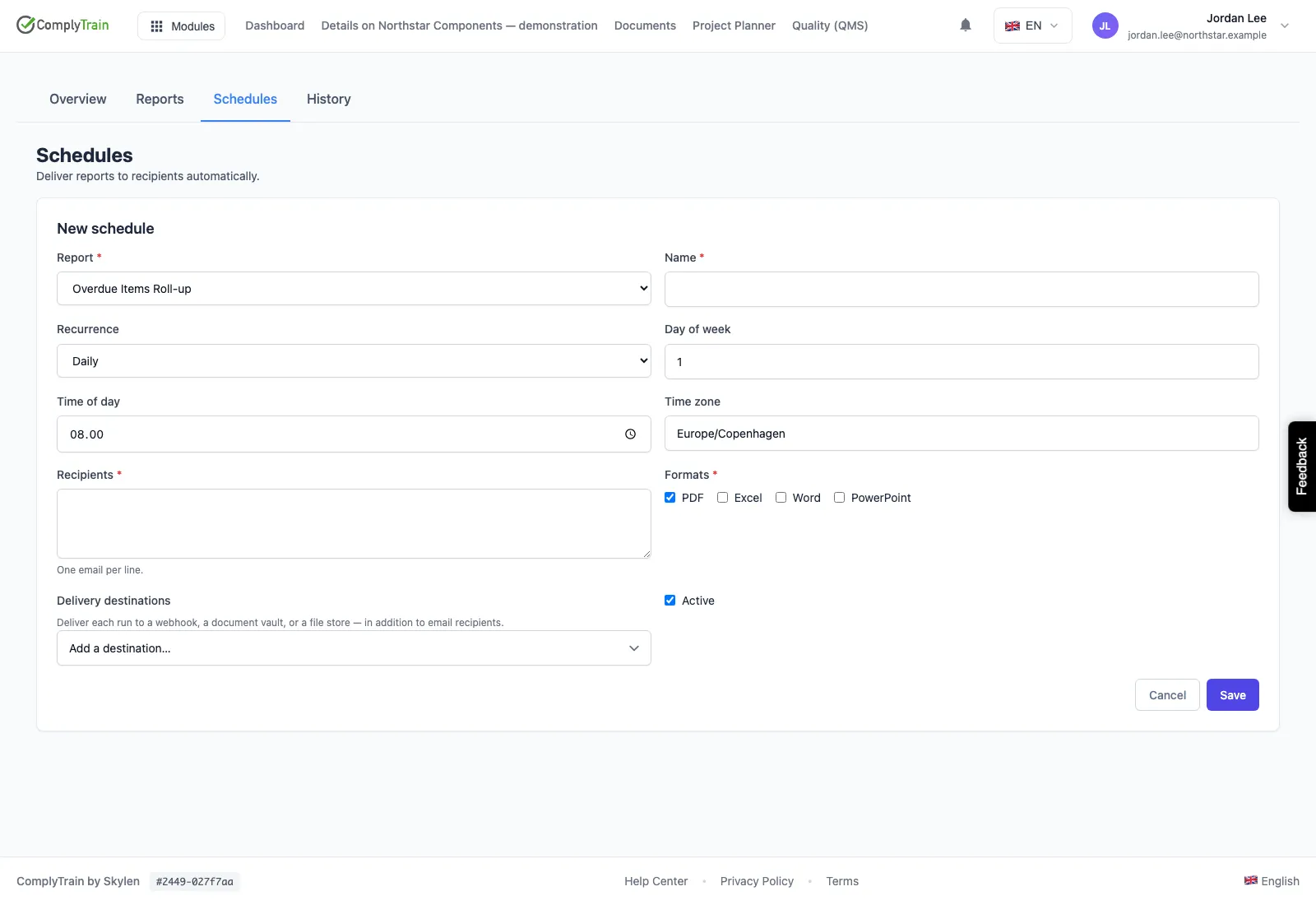 Unsaved report schedule form with recurrence, timezone, formats, recipients and delivery destinations.