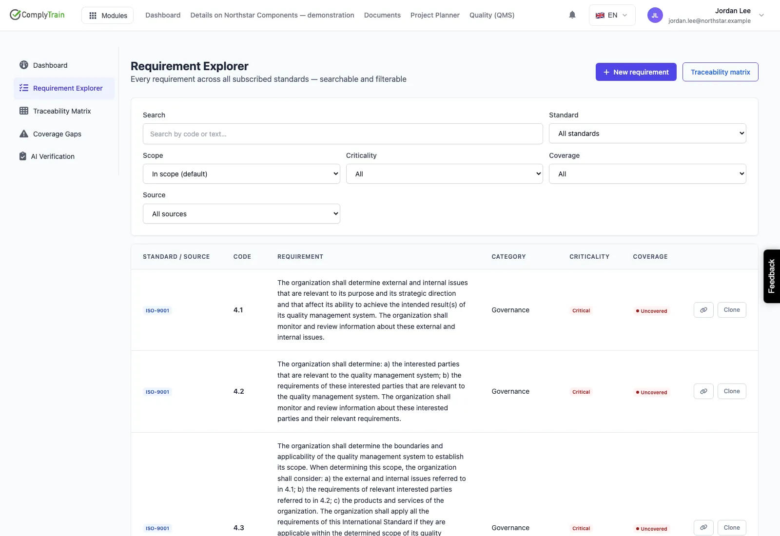 Requirement Explorer with standard, scope, criticality and coverage filters.