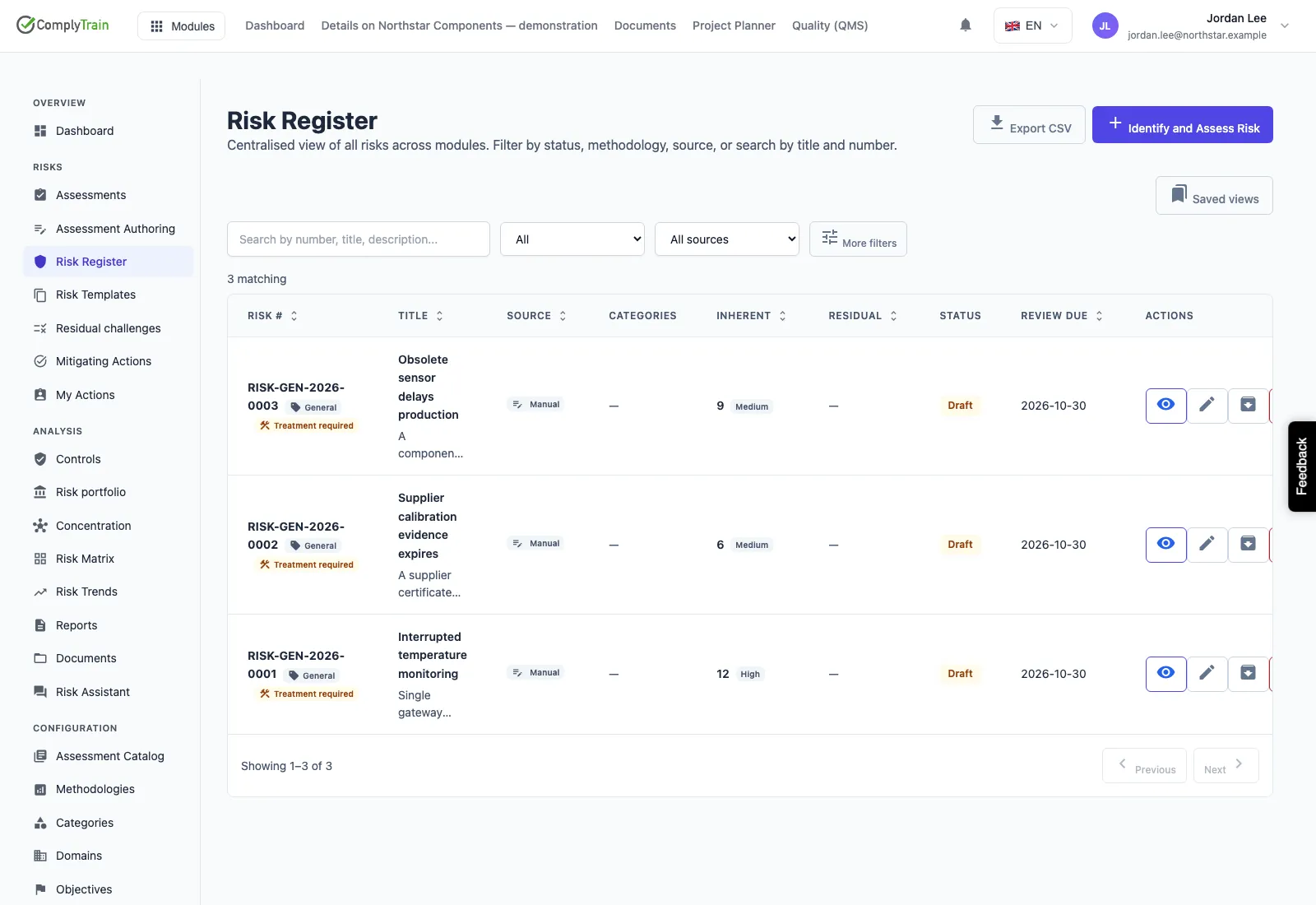 Risk register with three synthetic engineering risks, inherent scores and review dates.
