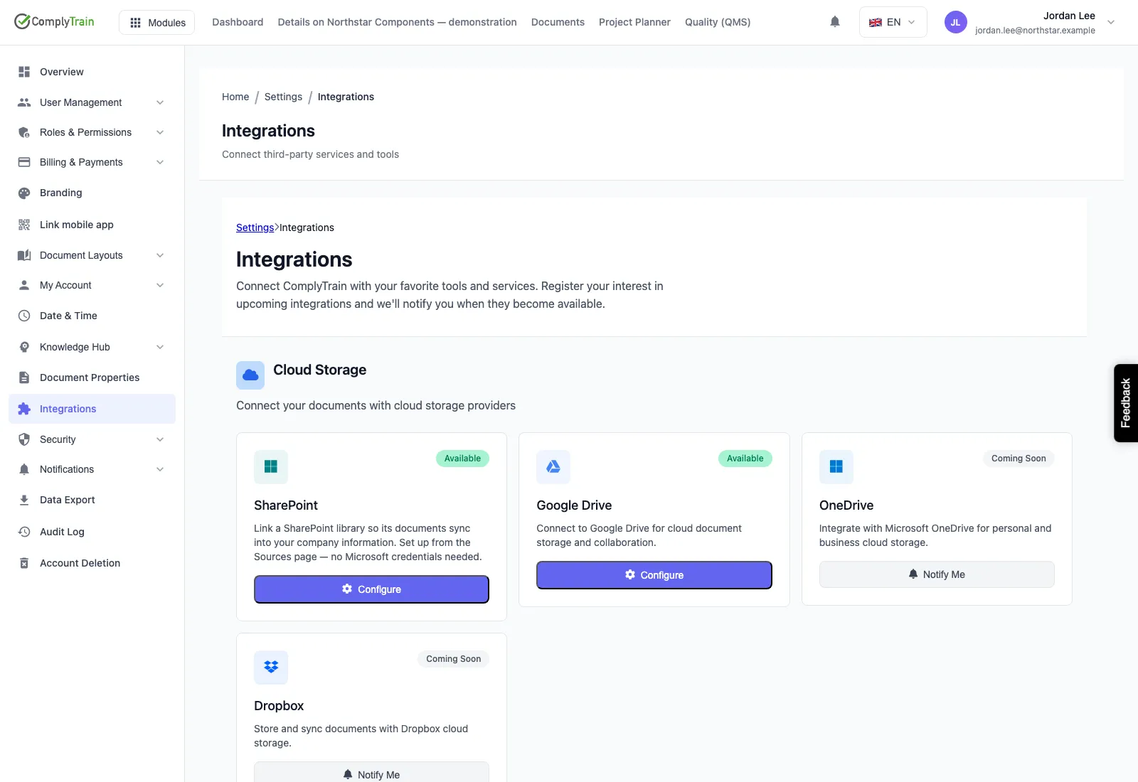Integrations catalog with SharePoint and Google Drive marked Available and other connectors marked Coming Soon.
