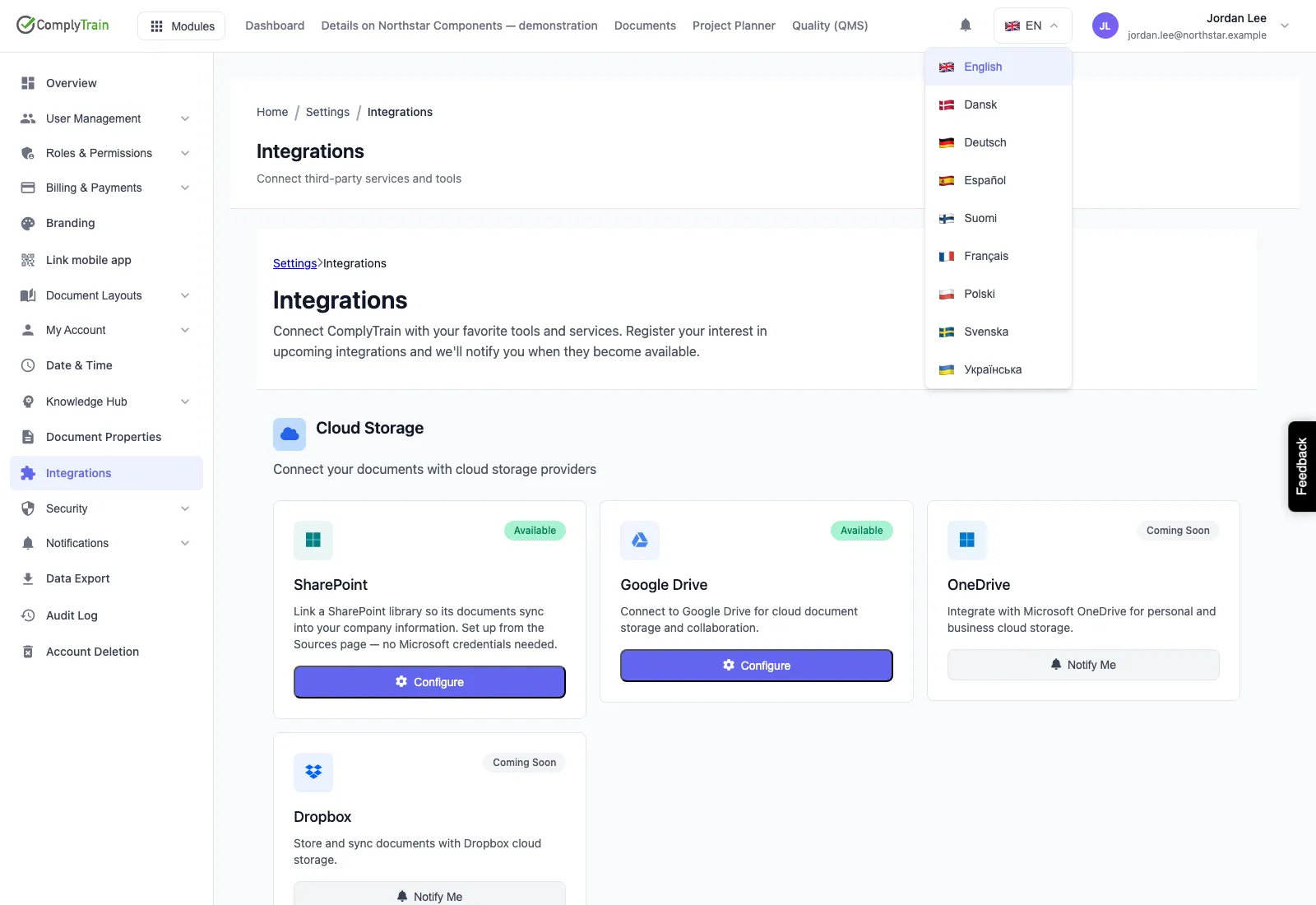Open language menu showing the nine product interface languages.