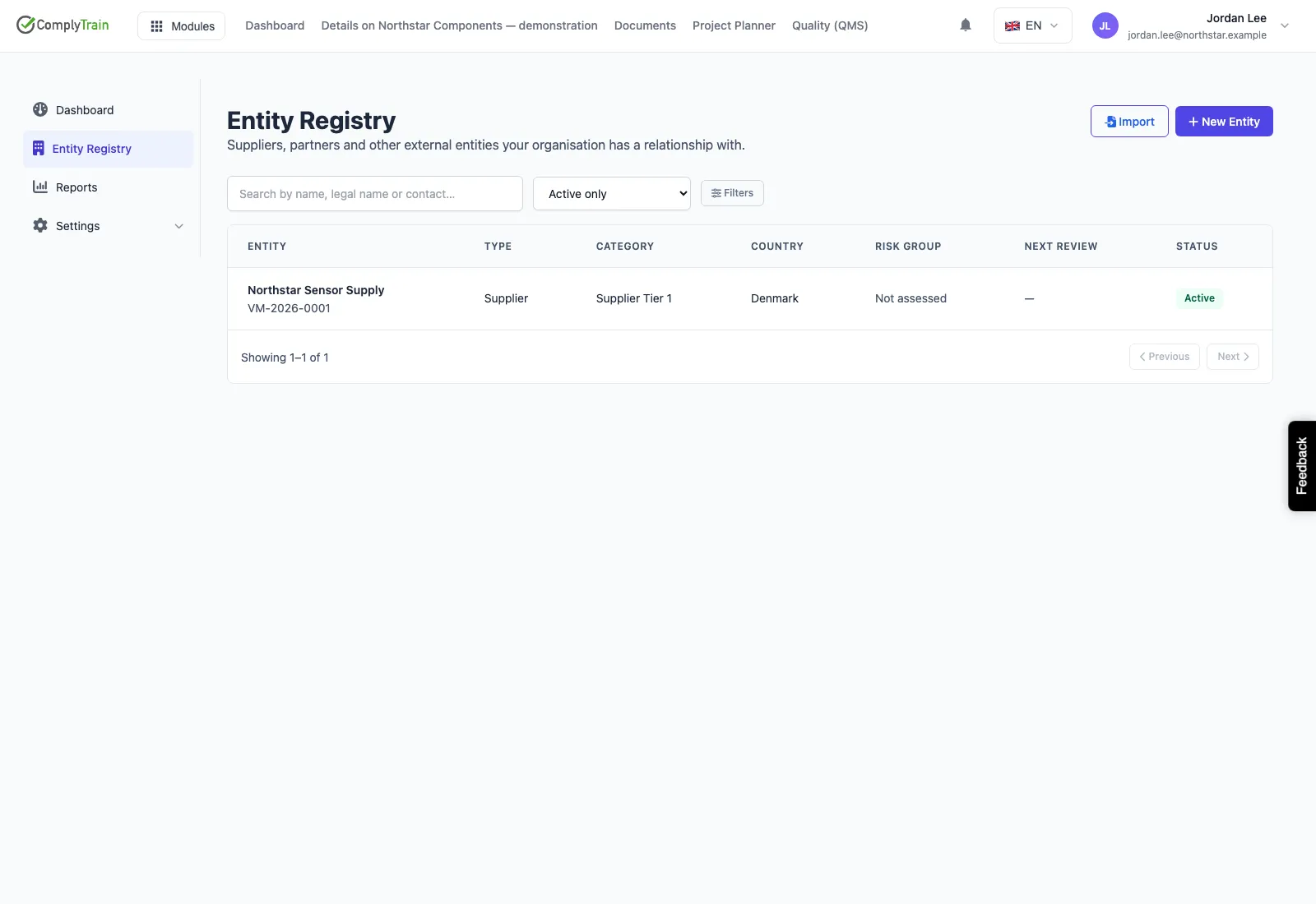 Entity registry containing a synthetic tier-one supplier, currently not assessed.