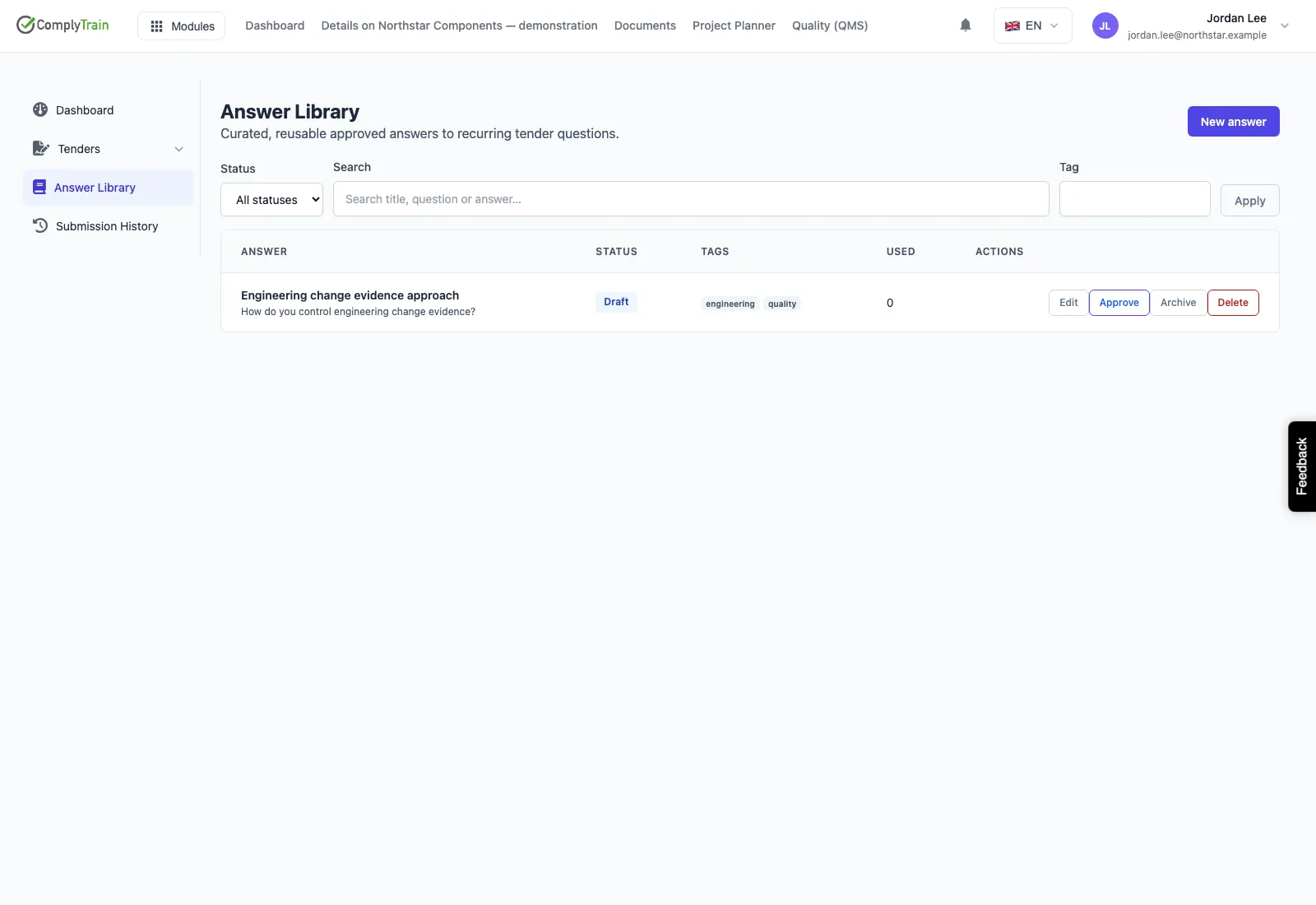 Answer library with one draft engineering change response and approval actions.