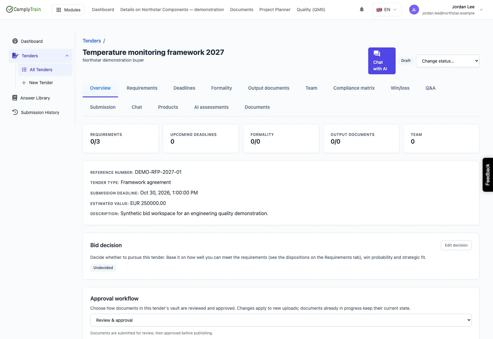 Synthetic temperature monitoring tender workspace with three requirements and a review approval workflow.
