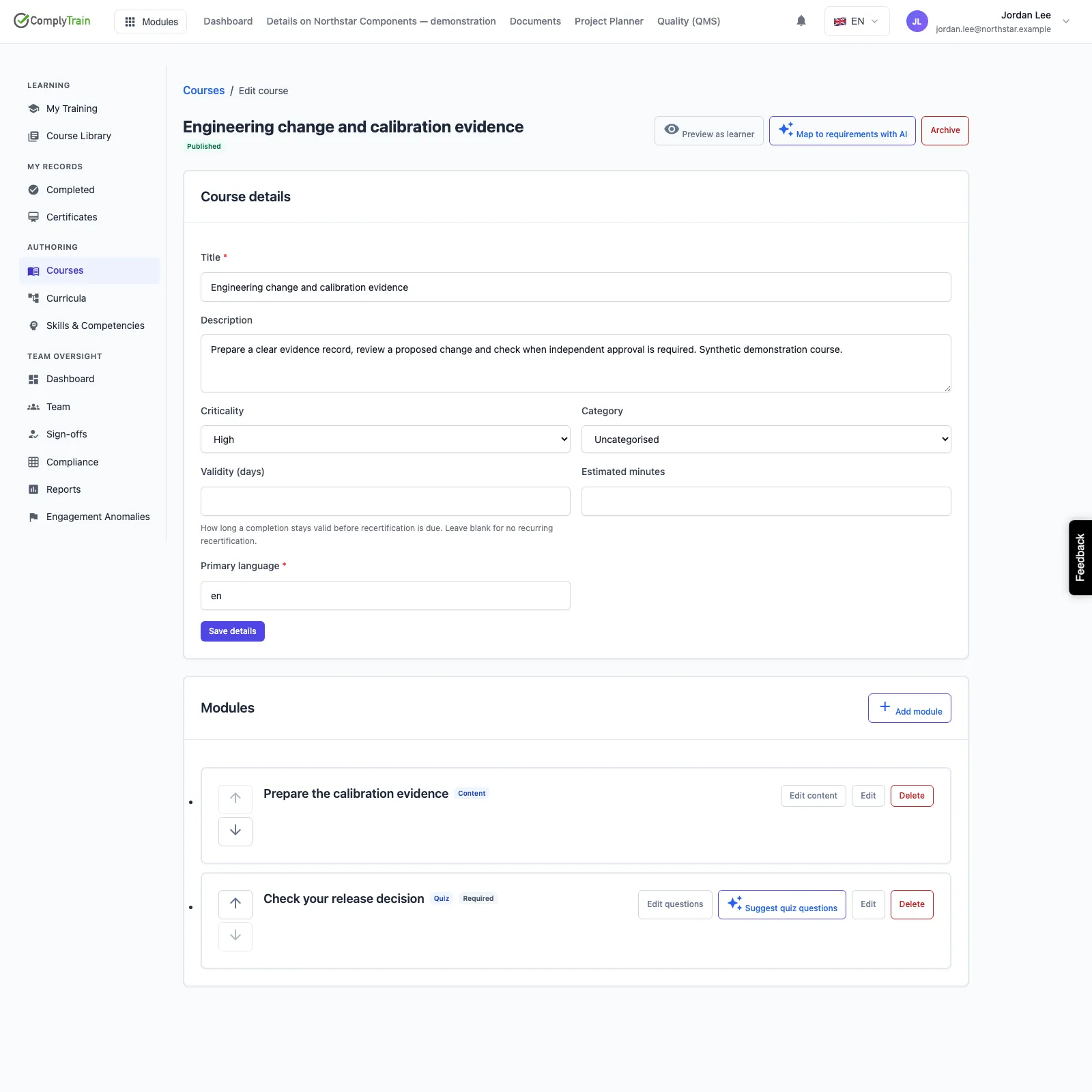 Published engineering change course with optional content and a required release-decision quiz.